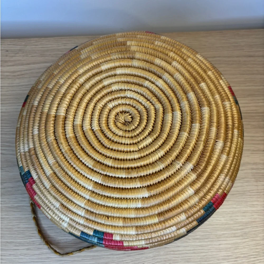 Vintage Handwoven‎ Coil Multicolor Basket with Lid